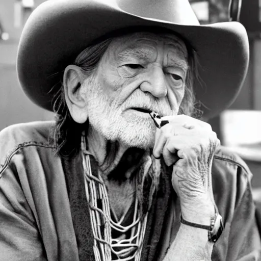 Image similar to willie nelson having a smoke in his trailer.