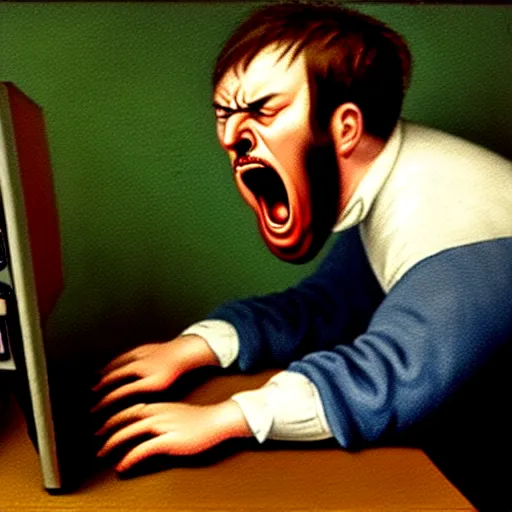 Image similar to an angry man yells at his computer monitor, oil on canvas, 1 8 8 3, highly detailed