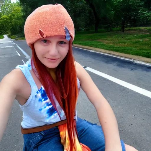 Prompt: girl with peach-colored hair lounging in a convertible car seats wearing a brown beanie and a faded tie-dye sleeveless shirt, selfie, faint smile