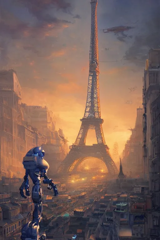 Image similar to paris in the future, robot, ultradetailed, volumetric lighting, digital painting, concept art, illustration, limited color palette, art by greg olsen and liz lemon swindle