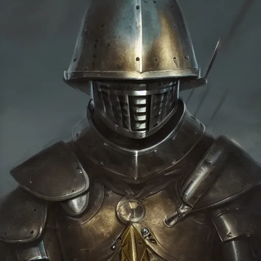 Prompt: Closeup of frustrated male medieval sergeant with a {short} beard and a steel open open open face helmet wearing a black!!!! and yellow tabard over a steel breastplate and a black gambeson, face visible, intricate, dramatic lighting, illustration by Greg Rutkowski, ArtStation, digital art, fantasy