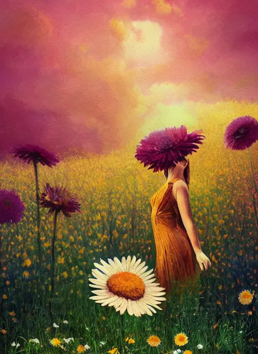 Image similar to portrait of a female face made of giant daisies, standing in a flower field, holding flowers, surreal photography, sunset dramatic light, impressionist painting, colorful clouds, large sky, digital painting, artstation, simon stalenhag