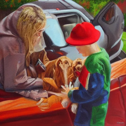 Image similar to Random act of kindness, oil on canvas, art, highly detailed