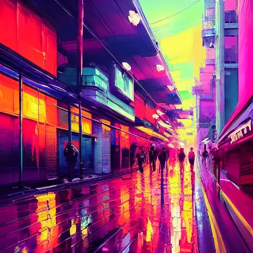 Image similar to impressionism and expressionism, bold colors, expressive brushstrokes. a painting of an art - deco city street with pink flowers, cyberpunk art by liam wong, cgsociety, panfuturism, cityscape, utopian art, anime aesthetic