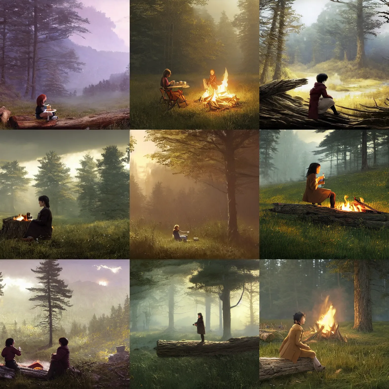 Prompt: A panoramic photograph of a girl with short black hair in a tan tenchcoat sitting on a log and drinking tea by the campfire at night in a grove, large landscape with a village in the valley, ray tracing final fantasy cinematic trailer, Jakub Rozalski. Movie still from final fantasy cinematic trailer, The vanishing of Ethan Carter, Jakub Rozalski, octane render, ray tracing, megascans, 8k, highly detailed, professional