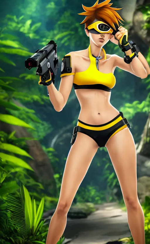 tracer game character, in black bikini, blonde hair