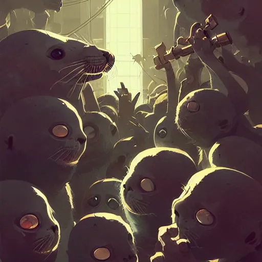 Image similar to highly detailed metal album cover featuring a cute white baby seal in a mosh pit by atey ghailan, by greg rutkowski, by greg tocchini, by james gilleard, by joe fenton, by kaethe butcher