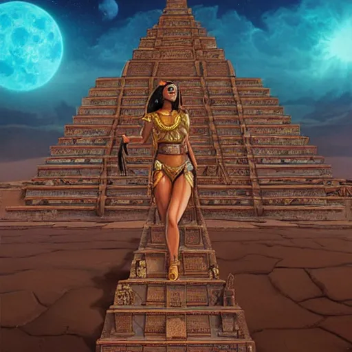 Image similar to aztec princess on top of a step pyramid during an eclipse, science fiction, highly detailed, digital painting, beautiful eyes, symmetry, concept art, sharp focus, volumetric lighting, illustration, global illumination, radiant light, synthwave colors, detailed and intricate environment, art by artgerm and greg rutkowski and magali villeneuve and ilya kuvshinov!