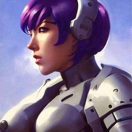 Image similar to greg manchess portrait painting of partially armored motoko kusanagi aka major as overwatch character, medium shot, asymmetrical, profile picture, organic painting, sunny day, matte painting, bold shapes, hard edges, street art, trending on artstation, by huang guangjian and gil elvgren and sachin teng