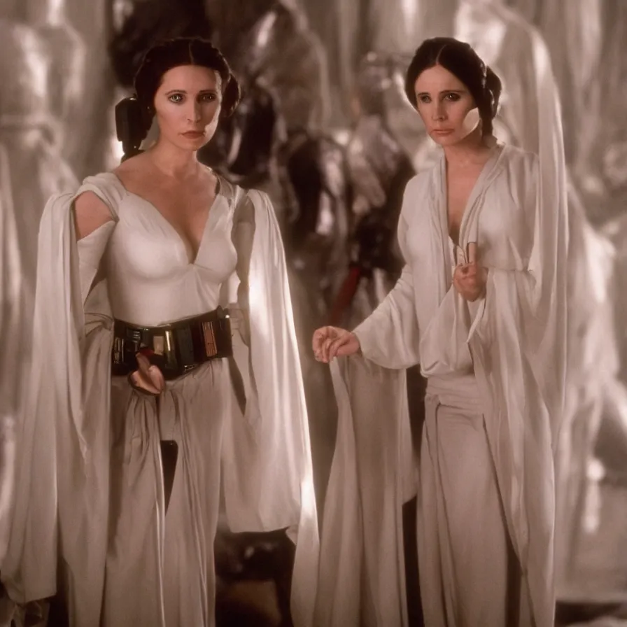 Image similar to madeleine stowe as princess leia, slave outfit, movie still, 8 k, realistic