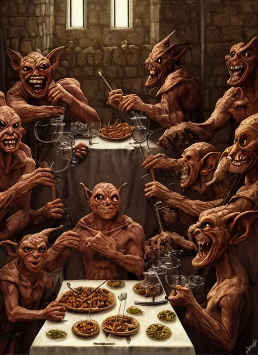 Image similar to profile group face portrait of medieval goblins having a banquet in the cloisters, beautiful face, hyper realistic, highly detailed, digital painting, artstation, illustration, concept art by hyung tae, bosch, giger, frank frazetta, digital paint, matte paint, washed colors, dark, gloomy