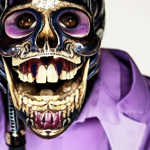 Image similar to a detailed professional portrait of a fancy skeleton with expressive features and metallic teeth, metal teeth, professional photography, longshot, full portrait, skeleton in a suit, purple glowing eyes