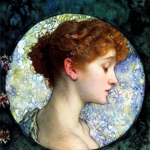 Image similar to a girl with three eyes on 5 translucent luminous spheres, full of floral and berry fillings, in an ocean of lavender color portrait painting by arthur rackham, eugene de blaas, frederic leighton