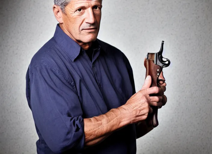 Image similar to studio portrait photo still of fred ward!!!!!!!! at age 5 3 years old 5 3 years of age!!!!!!! holding a revolver, 8 k, 8 5 mm f 1. 8, studio lighting, rim light, right side key light