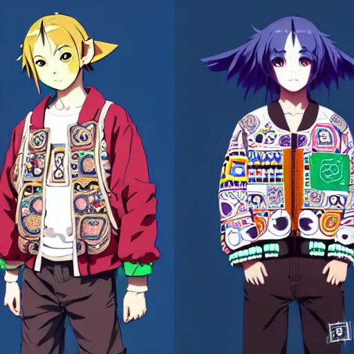 Image similar to majora majora's mask wearing oversized mayan bomber jacket with overalls, bulky poofy bomber jacket with mayan patterns, aztec street fashion, genshin impact art style, gapmoe yandere grimdark, trending on pixiv fanbox, painted by greg rutkowski makoto shinkai takashi takeuchi studio ghibli, akihiko yoshida