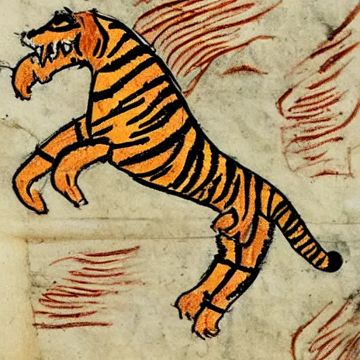 Prompt: bad drawn tiger of fire with many legs flying in a medieval manuscript, medieval manuscript, golden miniatures