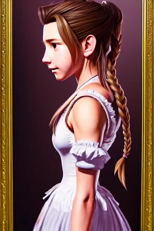 Image similar to subject : detailed full body portrait illustration of aerith gainsborough perfect face, medium : oil on canvas, style : realistic pose study portrait, maximalist, accurate, full color chiaroscuro artist : tetsuya nomura, 4 k, focus : full body and head