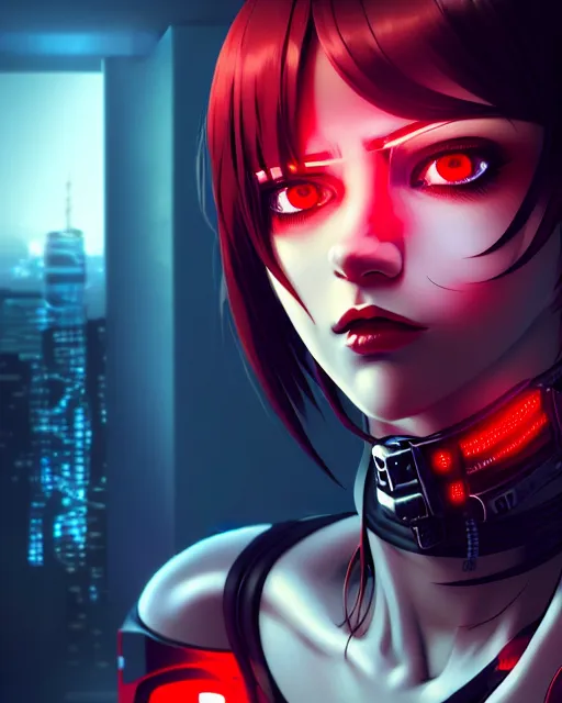 Image similar to a detailed potrait of a cyberpunk cyborg girl with black and red parts, perfect face, realistic shaded perfect face, detailed. night setting. very anime style. realistic shaded lighting poster by ilya kuvshinov katsuhiro, unreal engine, global illumination, radiant light, detailed and intricate environment