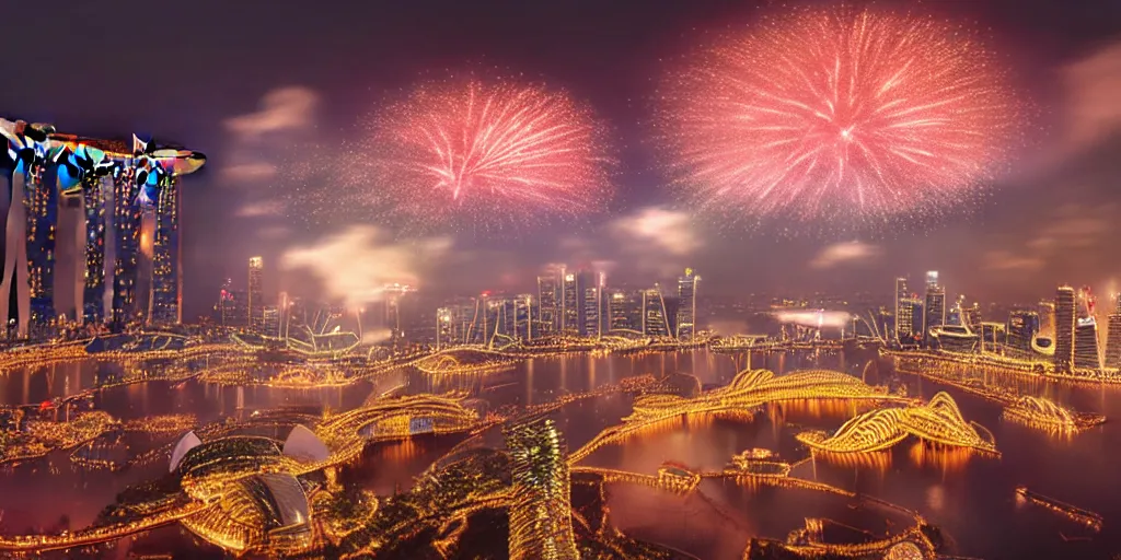 Prompt: Singapore city with a lion-shaped!!!!! cloud in the sky and fireworks in the sky, by Makato Shinkai, red and white lighting, digital art, ultra realistic, ultra detailed, photorealistic, 4k, character concept