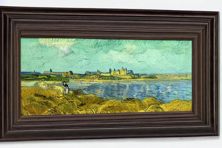 Image similar to landscape of bamburgh castle and beach painted by Vincent Van Gogh
