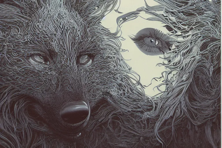 Prompt: werewolf portrait, balenciag intricate complexity. matte paper, cut paper texture. by Jeffrey Catherine Jones, James jean, Miho Hirano, Hayao Miyazaki, coarse gritby. Full of light-blue and silver and white layers. Exquisite detail 8K