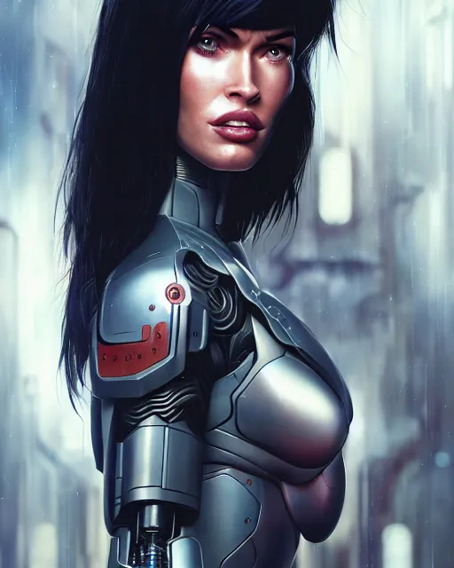 Prompt: weta movie still portrait photo of megan fox as the major ghost in the shell as cyborg woman by pixar, by weta, wlop, ilya kuvshinov, rossdraws, artgerm, maxim cover, latex, sweaty, iridescent, bright morning, anime, liosh, mucha