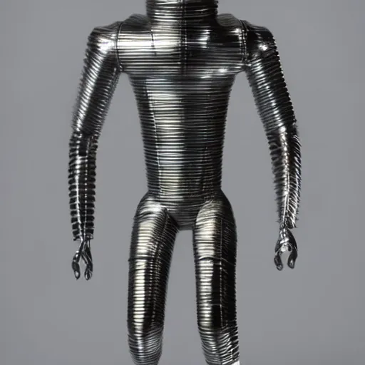 Prompt: a full body depiction of a metallic man with emissive round ocular eyes and a radiator like mouth, with corrugated limbs and plated armoring across their entire body