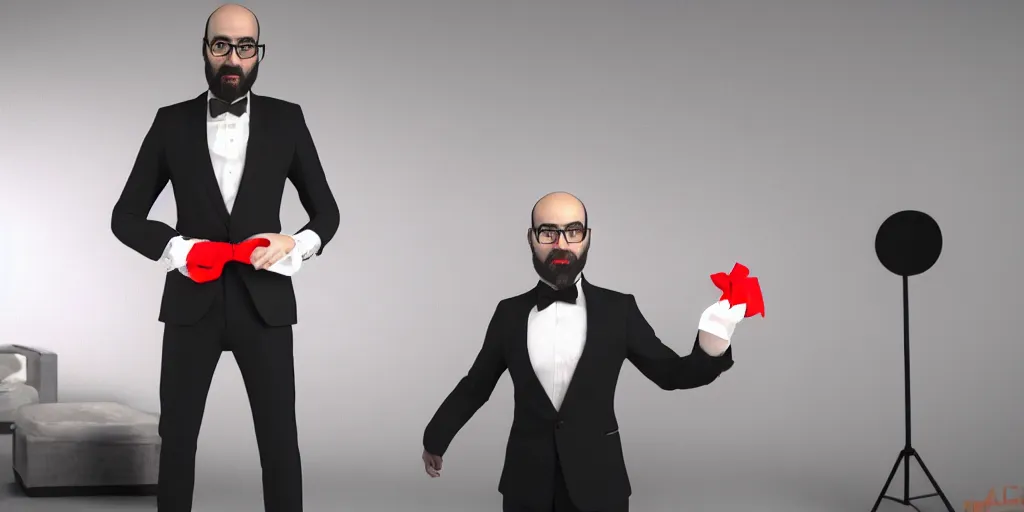Prompt: gorgeous 3d render of VSauce in a tuxedo and red bow tie ominously standing in a living room, realistic volumetric lighting, realistic reflections, rendered by Octane, highly realistic, 4k wallpaper, trending on Artstation, by Yoshitaka Amano
