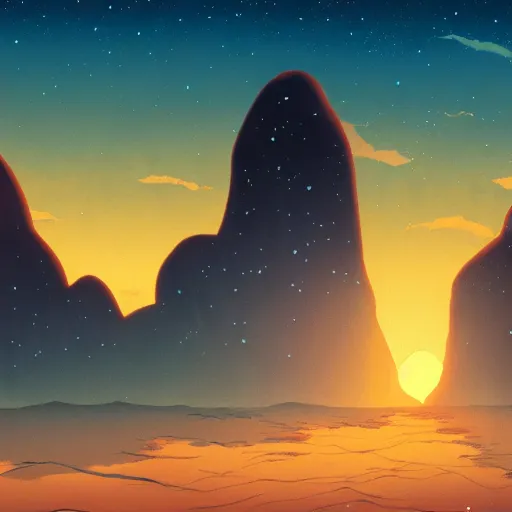 Image similar to sunset in the desert, fantasy art, illustration, animated film, by studio ghibli