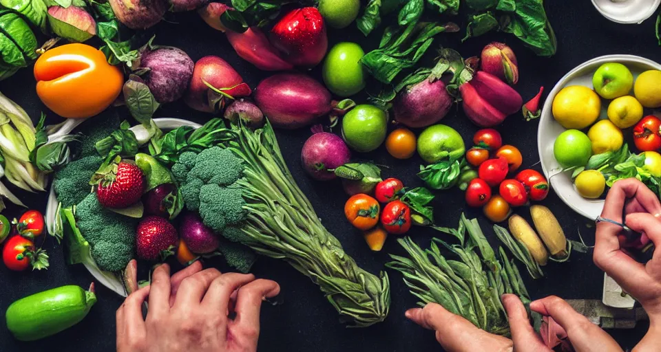 Image similar to film still of fresh fruits and vegetables making beats on fl studio