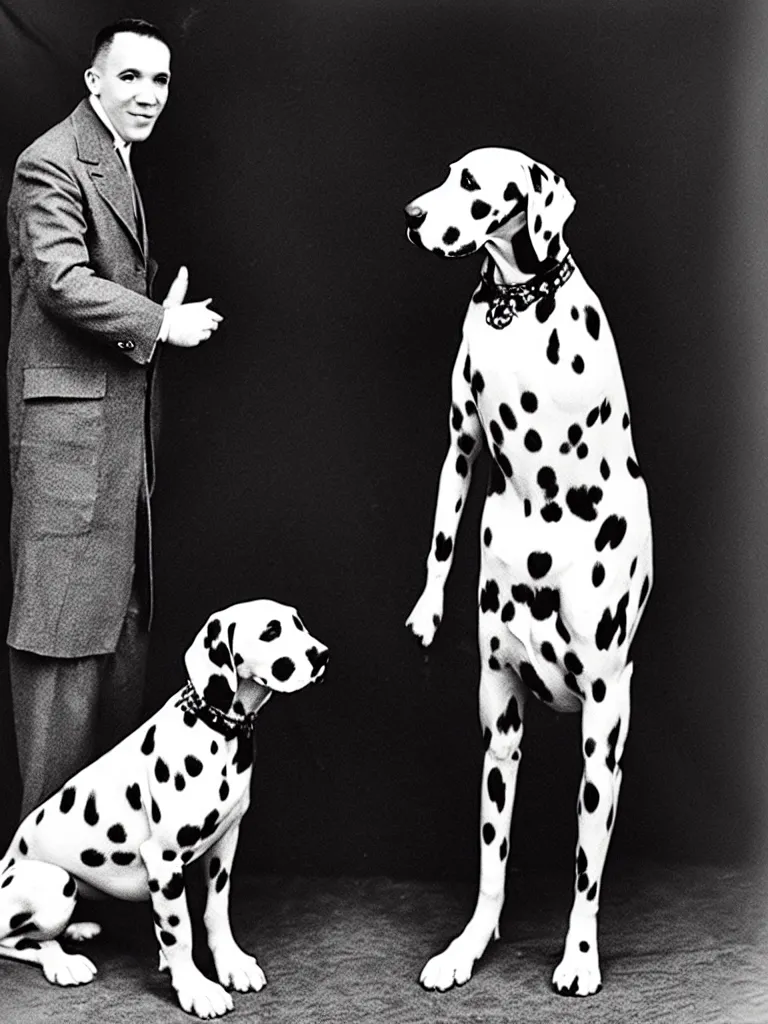 Prompt: a photograph of a dalmatian standing seductively in front of an aristocratic gentleman