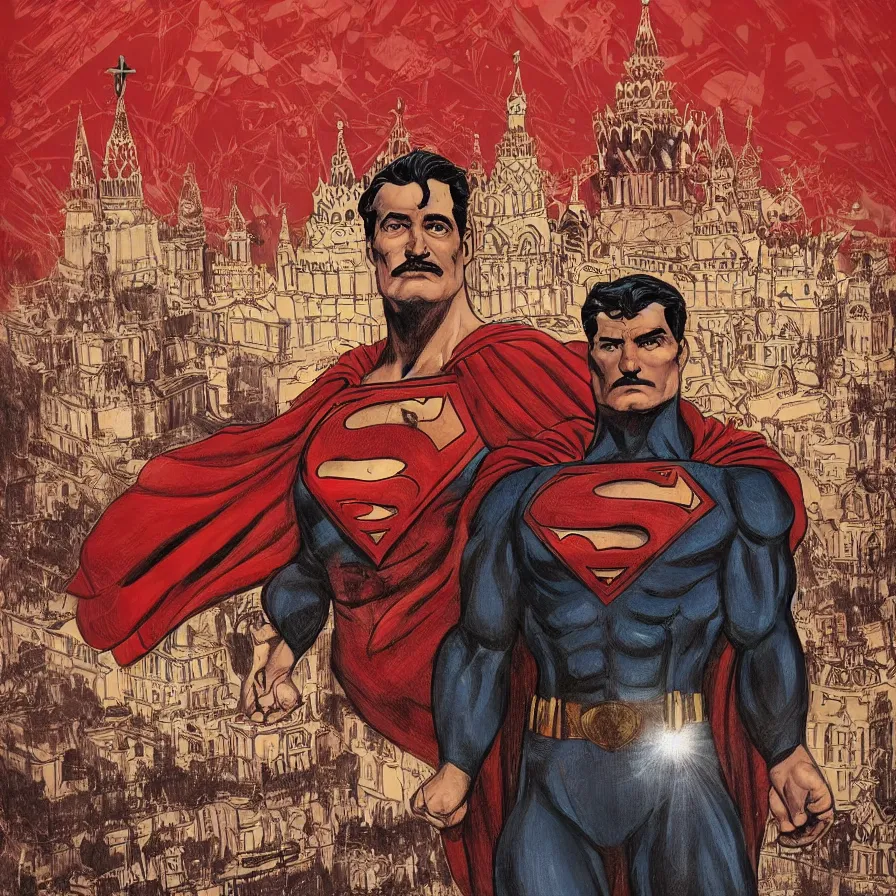 Prompt: epic comic book cover of stalin as superman floating over the red square ( moscow ), socialist realism, aesthetically pleasing, finely detailed facial features, hyperrealistic, intricate digital art, trending artstation, artgem, rich moody colors, fan art, concept art, in the style of the red son, by cory walker and ryan ottley