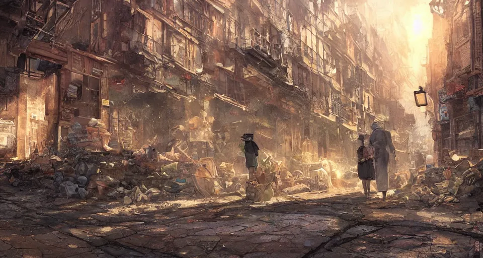 Prompt: craig mullins and ghibli digital art of 1 9 2 0 ， in the alleys of urban america, at sunset, the cat monster looks at you, hiding in the shadows of the accumulation of debris, miniature, green pupils realistic shading, cinematic composition, realistic render, octane render, detailed textures, photorealistic, wide shot