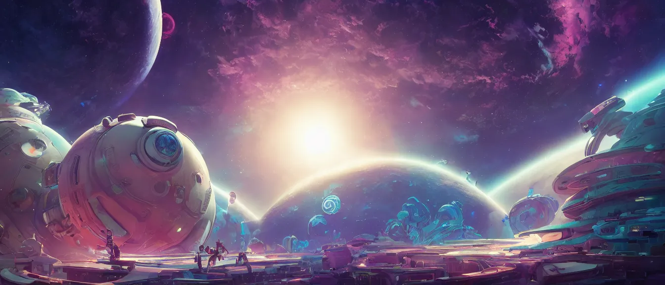 Prompt: orbital space station on a colorful nebulea, unreal engine, fantasy art by greg, loish, rhads, ferdinand knab, makoto shinkai, lois van baarle, ilya kuvshinov, rossdraws, tom bagshaw, global illumination, radiant light, highly detailed intricate environment, isometric, onstudio ghibli, octane render, 8 k