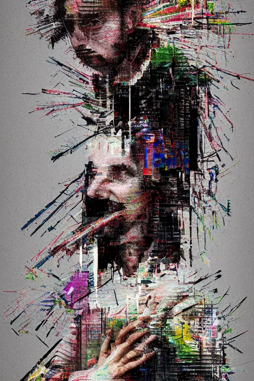 Prompt: pixel sorting in the style of ralph steadman, gearlord digital celluar automata