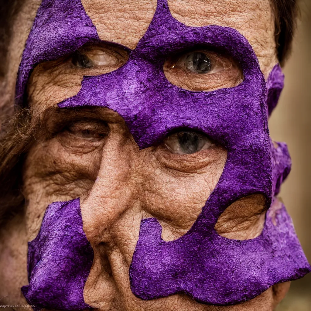 Prompt: highly detailed portrait photography steered gaze of a stern face, wearing a purple opera mask, in autumn, 105mm f2.8 at the grand budapest hotel