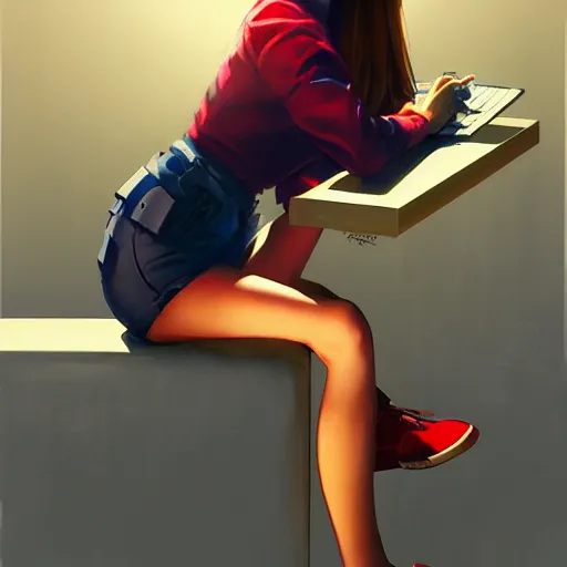 Prompt: hacker girl sits at an apple ] [ e, realistic shaded lighting poster by ilya kuvshinov katsuhiro otomo, magali villeneuve, artgerm, jeremy lipkin and michael garmash and rob rey