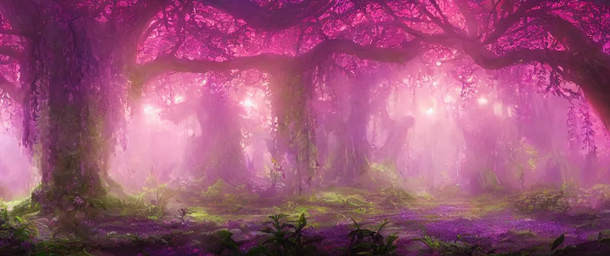 Prompt: a digital painting of a magical fantasy forest, large magical trees, magical flowers, hanging lanterns, godrays, mystical, evening, concept art, trending on artstation, matte painting, high detail, high quality, pink/purple/green colour scheme