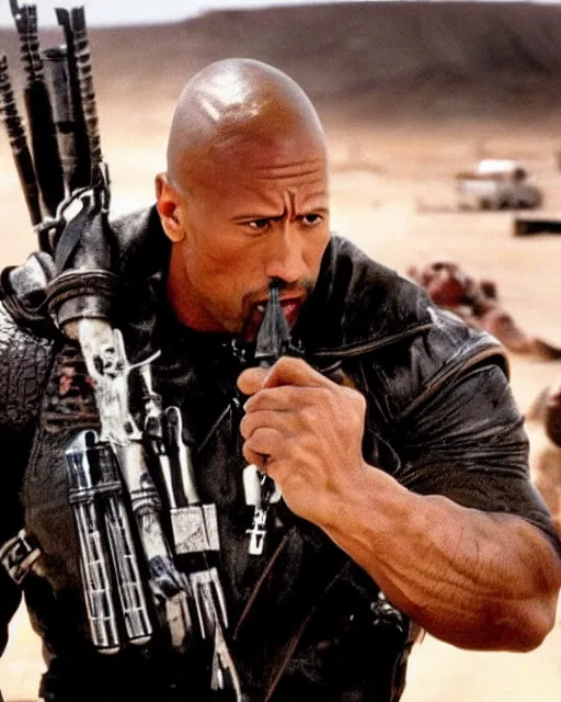 Image similar to film still close up shot of dwayne johnson in the movie mad max 2 the road warrior. photographic, photography