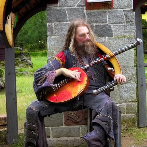 Image similar to Varg Virkenes as crazy bard, playing the nyckelharpa in his beautiful house, hyper detailed, hyper realistic, flavour of magick, full of earthly colours with some neon accents