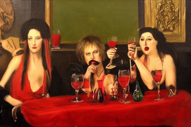 Prompt: glam rockers drinking brutal and raw wine, inside a green room with red lights in renaissance style, sfumato, oil painting