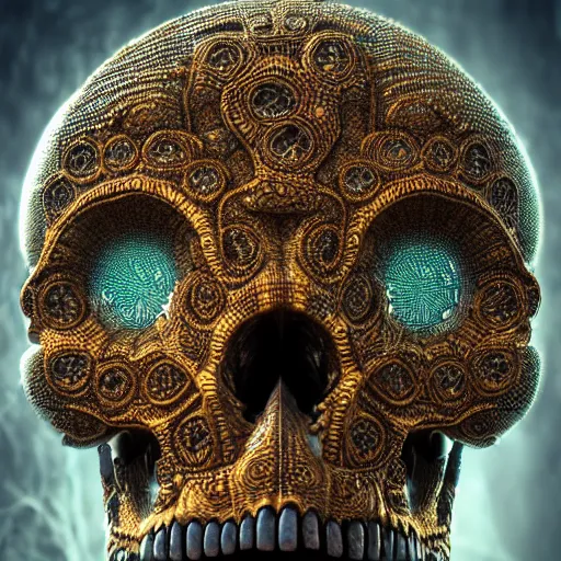 Prompt: fractal golden skull face, afro, third eye art art by machina infinitum, infinite intricacy, rendered in octane, mandelbulb 3 d, ambient occlusion, macro photography