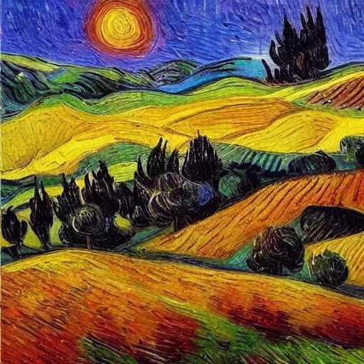 Image similar to tuscany hills during sunset, oil painting in style of van gogh