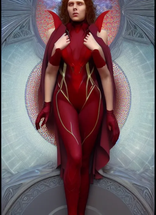 Image similar to Scarlet Witch as Lucifer morningstar Au Naturel, full body, hyper realistic, trending on artstation, art by Alphonse Mucha and J. C. Leyendecker and Edmund Bliar Leighton and Charlie Bowater, unreal engine render, octane render