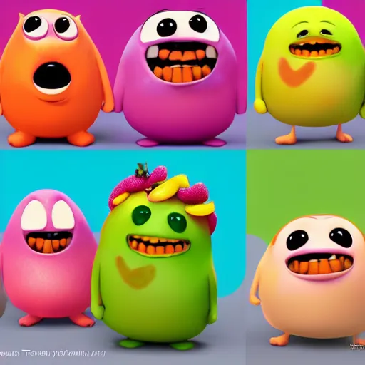 Image similar to happy cute friendly fun hugging tutti frutti characters, pixar, digital, vivid, hyperdetailed