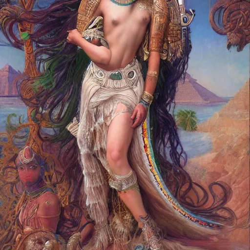 Image similar to artstation, intricate details, hyper details, by gaston bussiere and sandro botticelli, tan skin sumerian goddess inanna, lady of elche, egyptian sumerian features, techno mystic dominatrix goddess intergalactica, inanna with aqua neon rapunzel dreadlocks,