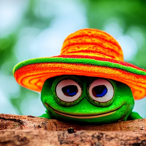 Prompt: baby pepe the frog wearing a very very small sombrero, sitting on a log, pixar, disney, dynamic lighting, bokeh