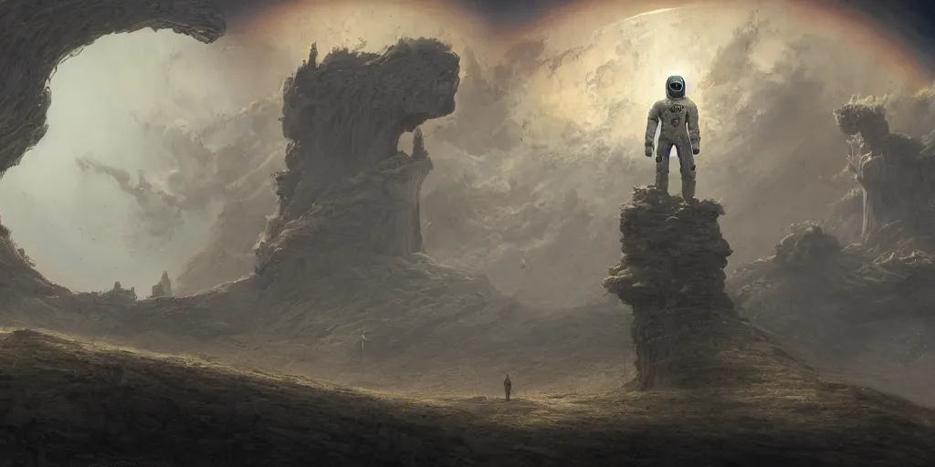 Prompt: A highly detailed matte painting, space man, space suit, imax render, 8K resolution, trending on artstation, style of alan lee and john howe