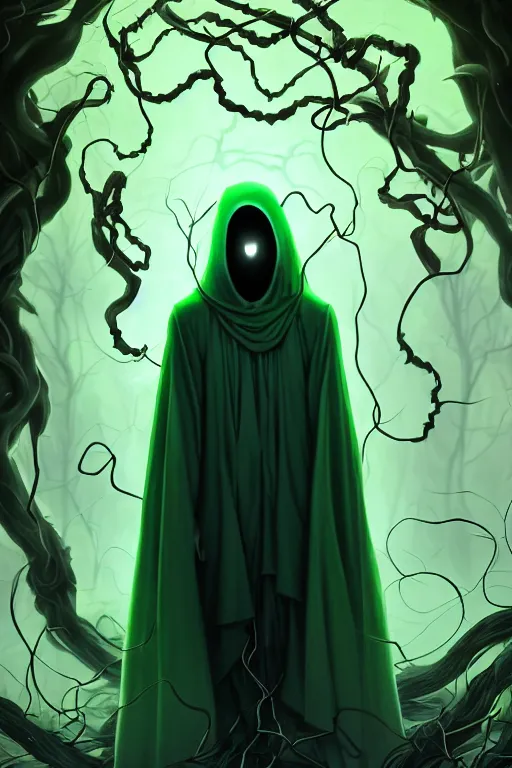 Image similar to A full body portrait of a ghost like character with no face, glowing eyes and a very long hooded dark green cloak of leaves and vines, forest spirits flying in the background art by Shaddy Safadi and Jason Chan, ominous, cosmic horror, trending on artstation, Ultra detailed, hyper realistic 4k