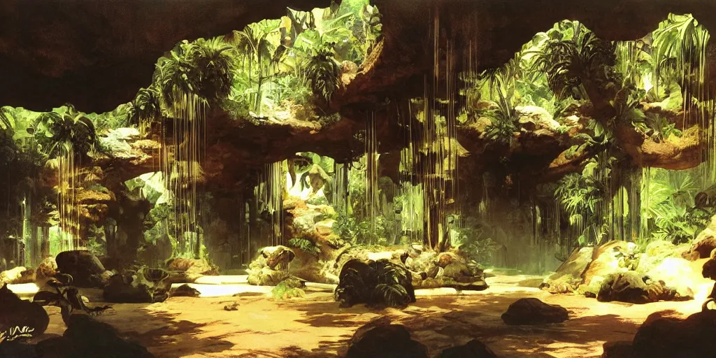 Image similar to a tropical cave that renovate as a luxury interior by syd mead, frank frazetta, ken kelly, simon bisley, richard corben, william - adolphe bouguereau